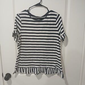 Talbots Navy and White Ruffled Short Sleeve Tee